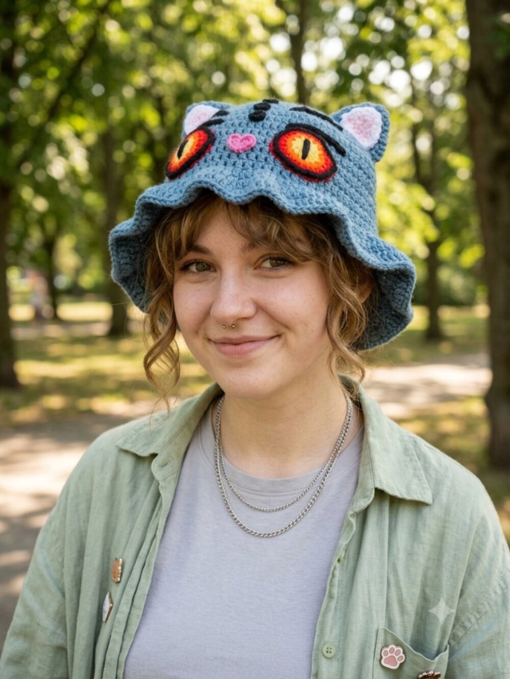 Handmade Crochet Derpy K-Pop Demon Hunter Cat Bucket Hat with Ruffled Brim New